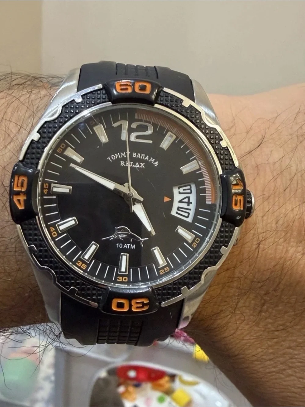 Tommy Bahama Relax Men Watch RLX1112 Black Orange Date 10 ATM 46mm Sport Diver